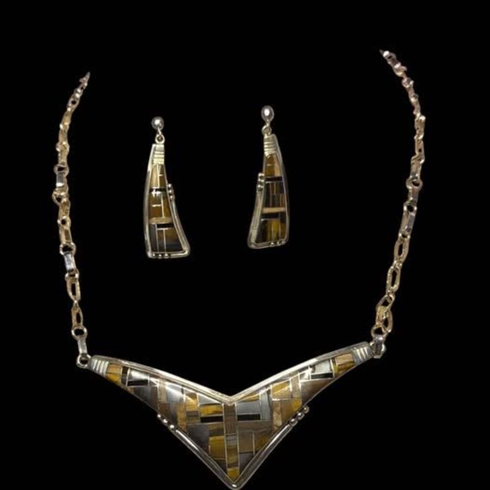 Sterling Silver RB Inlay Tigers Eye Jasper Collar Necklace Earrings Set 28g